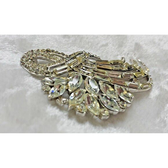 Vintage 50s Rhinestone Brooch Clear Crystal Marquis Baguette Spray Pin Statement - Picture 5 of 11